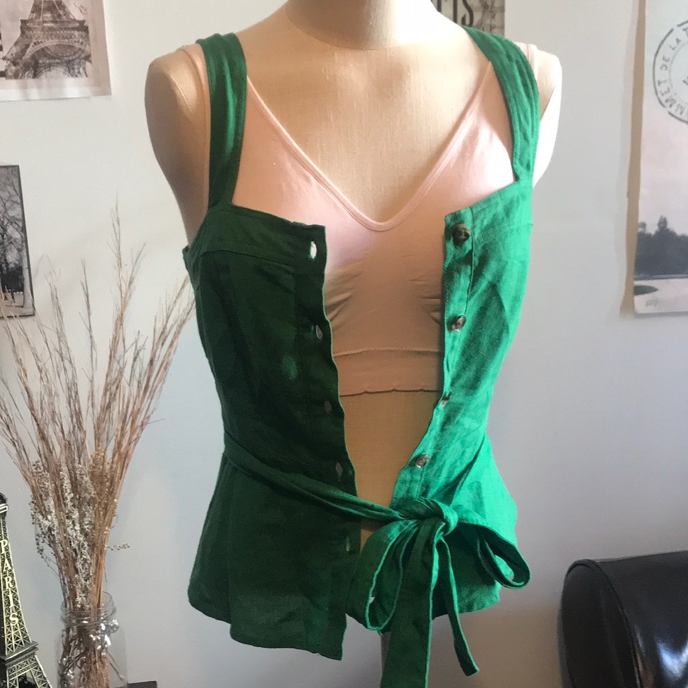Who What Wear Bodice Style Green Sleeveless Linen Tie-Up Button-Up Top S…